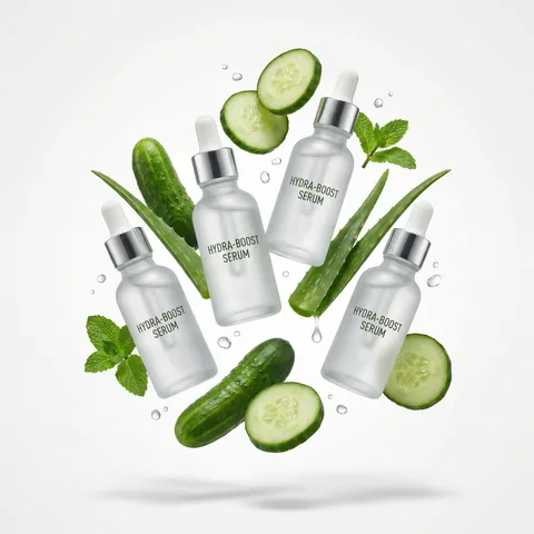 Cosmetic bottles and fresh fruit slices floating against a clean white studio background.