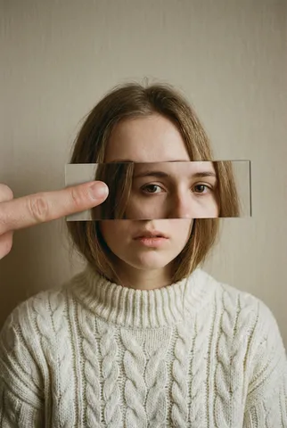 Surreal portrait of a woman's face split horizontally into offset paper-cut segments.