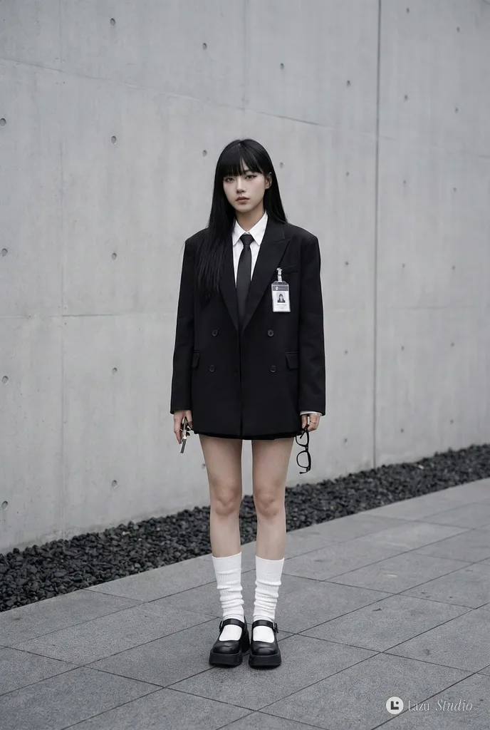Full-body portrait of a young woman with straight black hair posing in a black and white schoolgirl corporate outfit.
