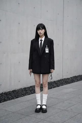 Full-body portrait of a young woman with straight black hair posing in a black and white schoolgirl corporate outfit.