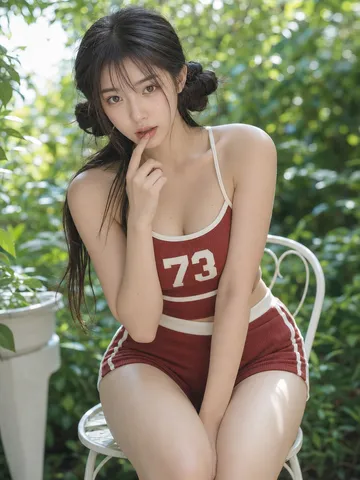 Young woman in a red-and-white vintage athletic set outdoors in a garden.