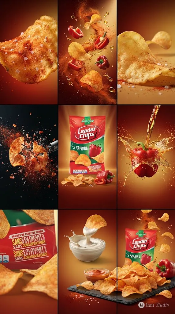 Grid of nine vertical commercial storyboard panels featuring swirling ice cream, chocolate drizzle, and crispy snacks.