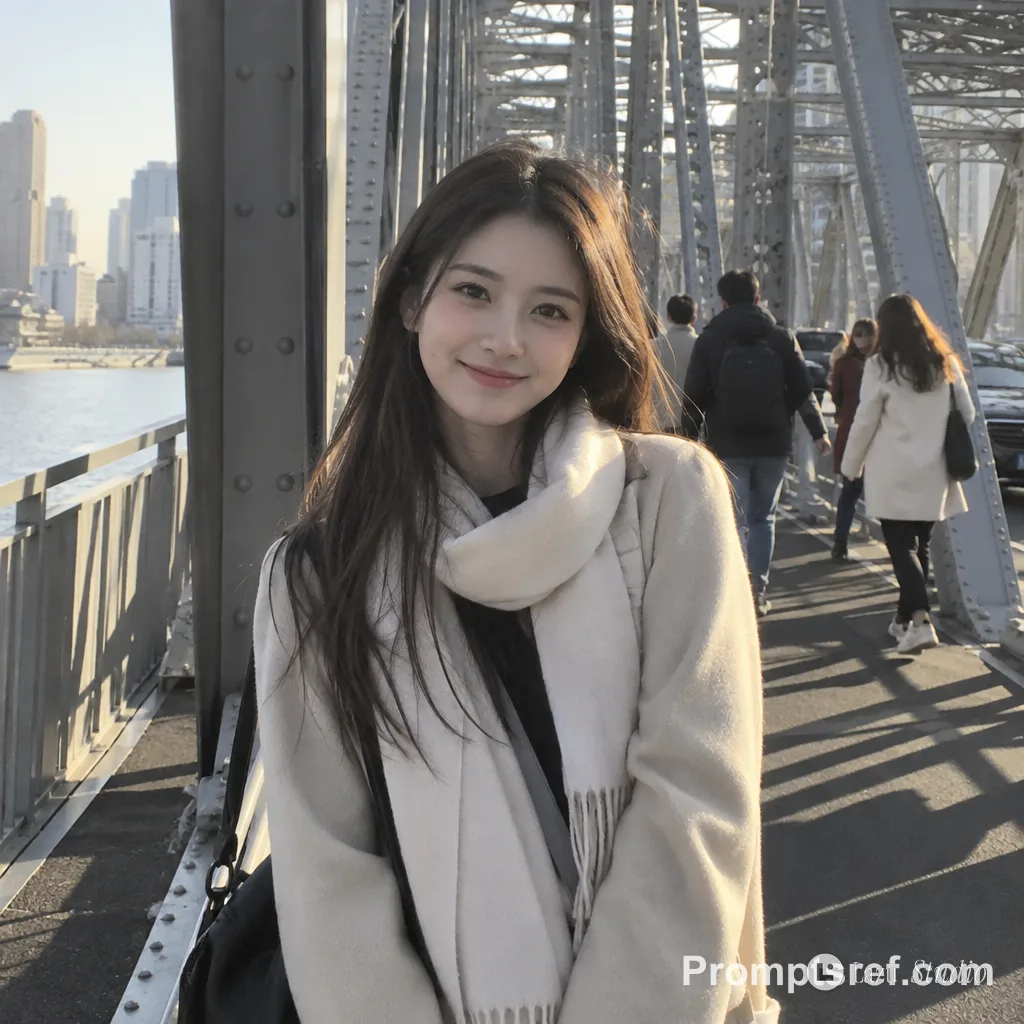 桥上自然斑驳光影中对着镜头微笑的年轻女子抓拍照。