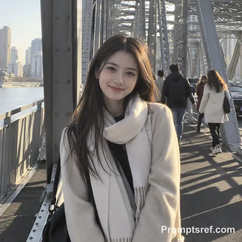 A young woman smiling candidly at the camera under dappled natural light on a bridge.