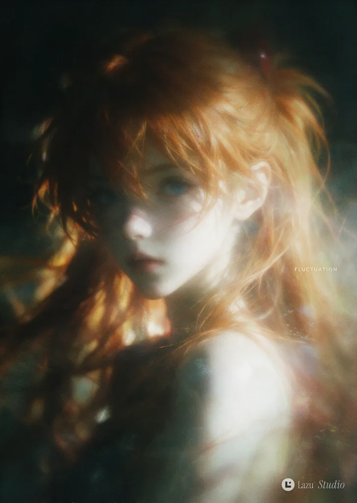 Soft-focus, grainy film-style close-up portrait of anime character Asuka with vibrant orange-red hair.