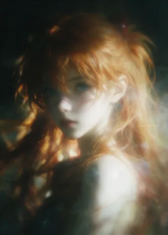 Soft-focus, grainy film-style close-up portrait of anime character Asuka with vibrant orange-red hair.