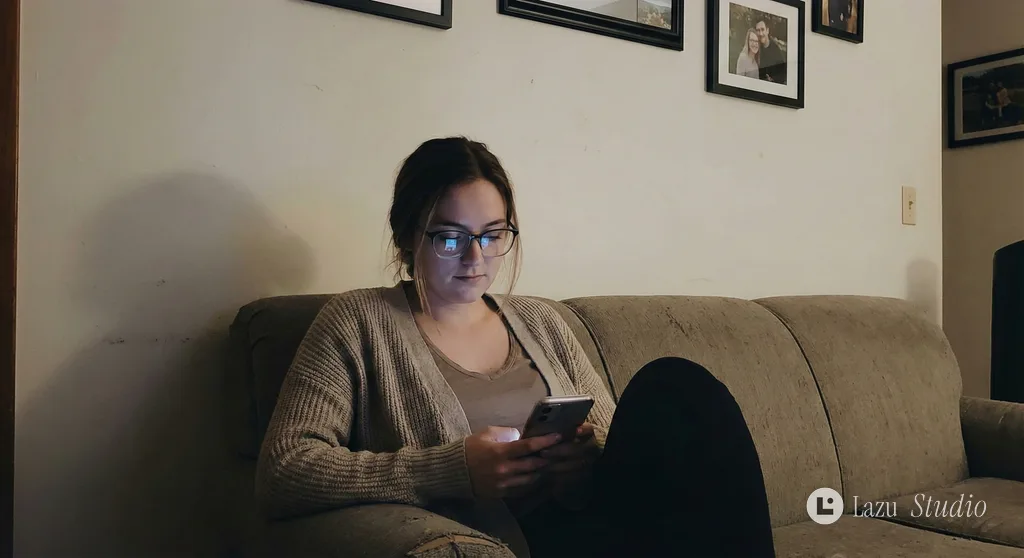 Young woman wearing glasses lounging on a sofa while looking down at her smartphone.