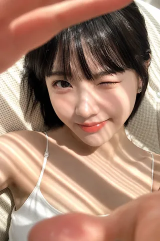 Close-up portrait of a smiling young woman with short black hair winking in bright sunlight.