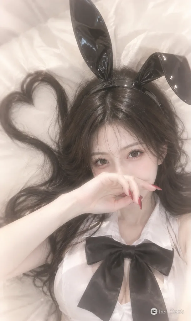 Overhead view of a woman wearing black bunny ears lying on white sheets with hair formed in a heart shape.