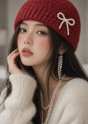Close-up of a young woman in a red beanie and pearls gently touching her face in diffused light.