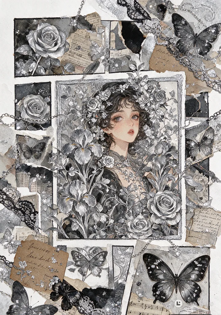 Monochrome collage artwork combining textured gouache smears, manga figures, and floral elements.