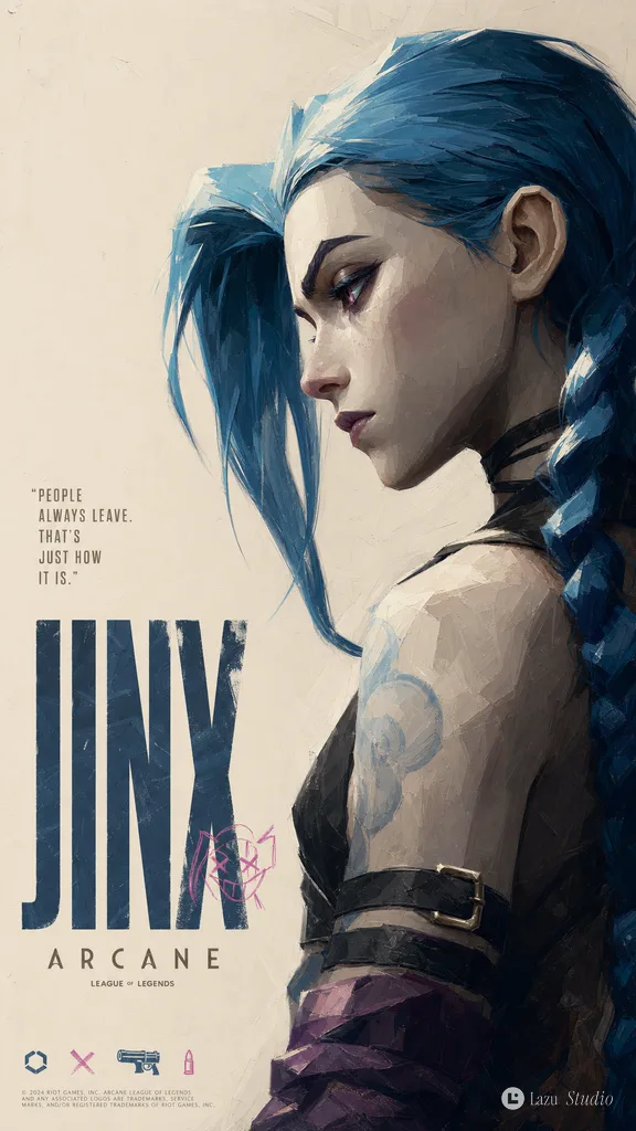 Side-profile portrait illustration of Jinx against a minimalist beige background.