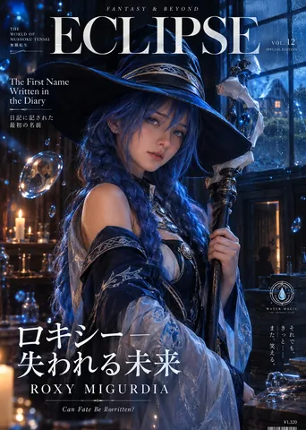Cosplay model as Roxy Migurdia holding a staff in a dim fantasy lab with glowing mana.