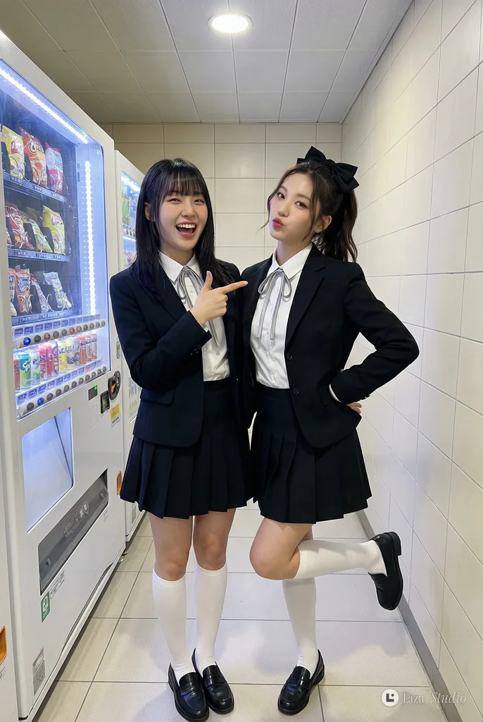 Two young women in matching black and white outfits playfully posing in front of a glowing vending machine.