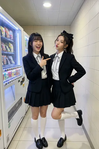Two young women in matching black and white outfits playfully posing in front of a glowing vending machine.