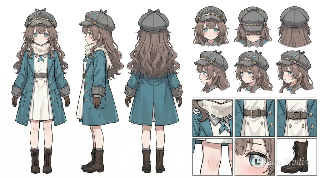 Clean character turnaround sheet showing full-body front, side, and rear poses on a white background.