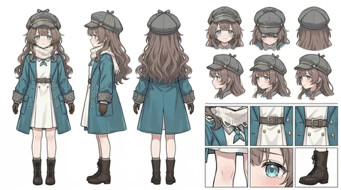 Clean character turnaround sheet showing full-body front, side, and rear poses on a white background.