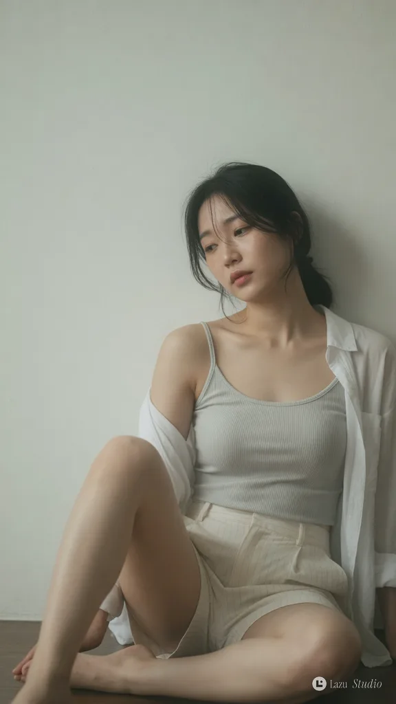 Young woman sitting on the floor in a minimalist room with soft hazy lighting.