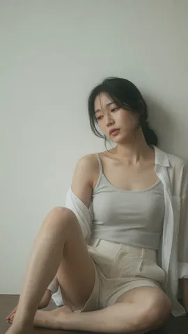 Young woman sitting on the floor in a minimalist room with soft hazy lighting.
