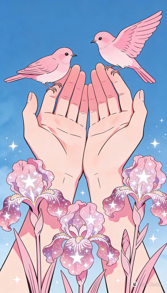 Pink hands cradling birds with celestial star details against a solid sky blue background.