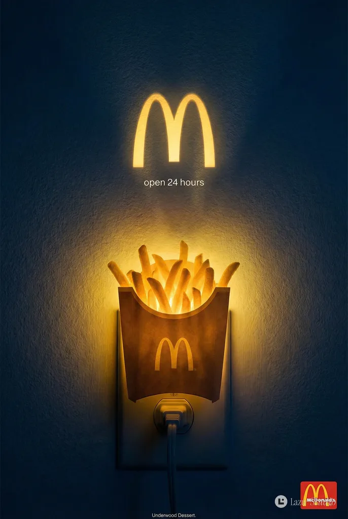 A box of McDonald's french fries acting as a glowing nightlight against a dark wall.