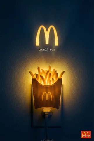 A box of McDonald's french fries acting as a glowing nightlight against a dark wall.
