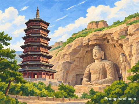 Acrylic painting of a tall pagoda and Buddha statue in an open landscape.