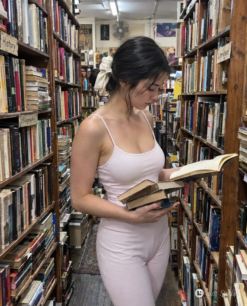 Woman with an ivory hair bow reading a book in an aisle of a vintage bookstore.