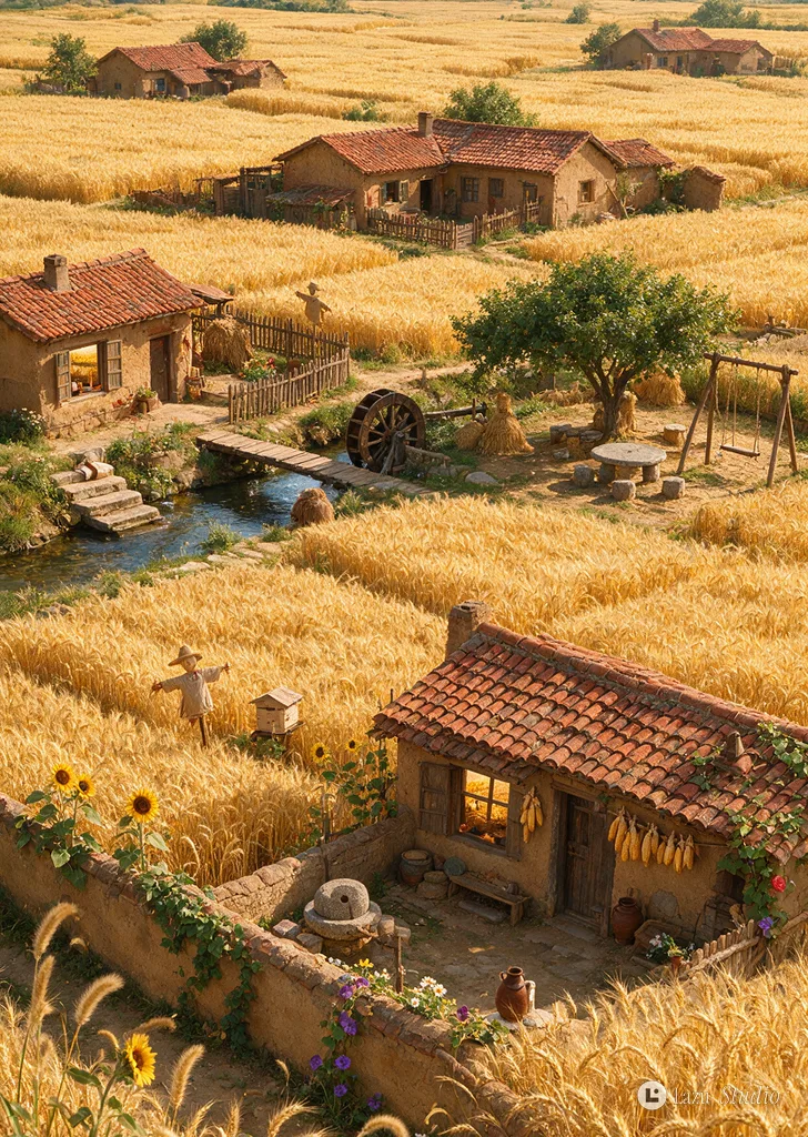 A rustic village with red-roof houses nestled among vast golden wheat fields and a small stream.