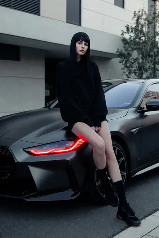 Young woman with straight black hair leaning on the front fender of a matte black sports coupe.