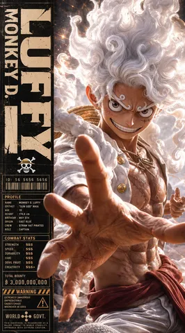 Gear 5 Luffy stretching his hand toward the viewer on a dramatic anime character poster.