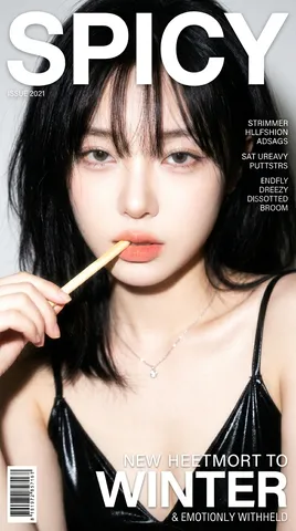 Close-up portrait of a woman holding a thin snack stick between her lips for a magazine cover.