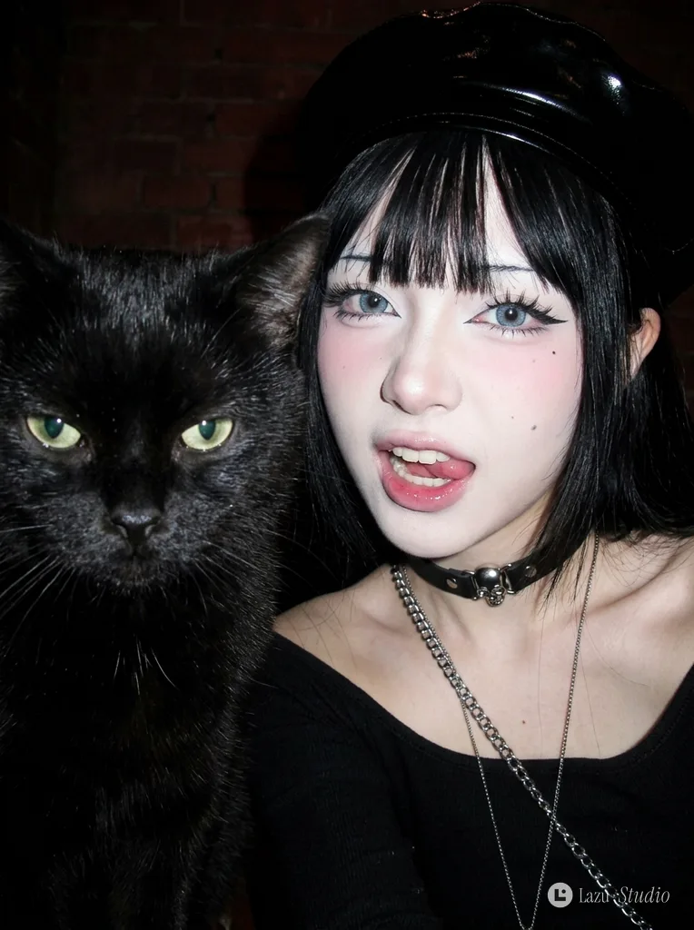Direct-flash close-up selfie of a gothic-styled young woman posing alongside a cat.