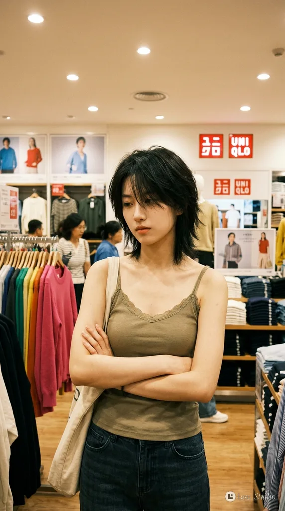 Young East Asian woman with short hair posing gently in a well-lit clothing store.