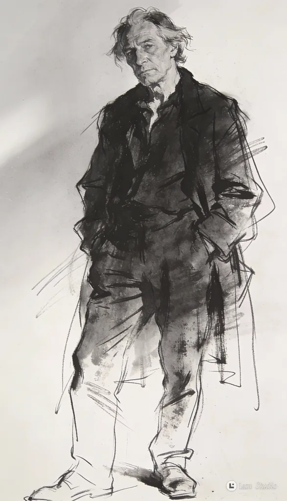 Minimalist black line sketch of a bohemian middle-aged artist on a light background.