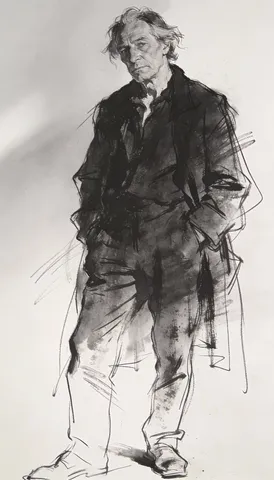 Minimalist black line sketch of a bohemian middle-aged artist on a light background.