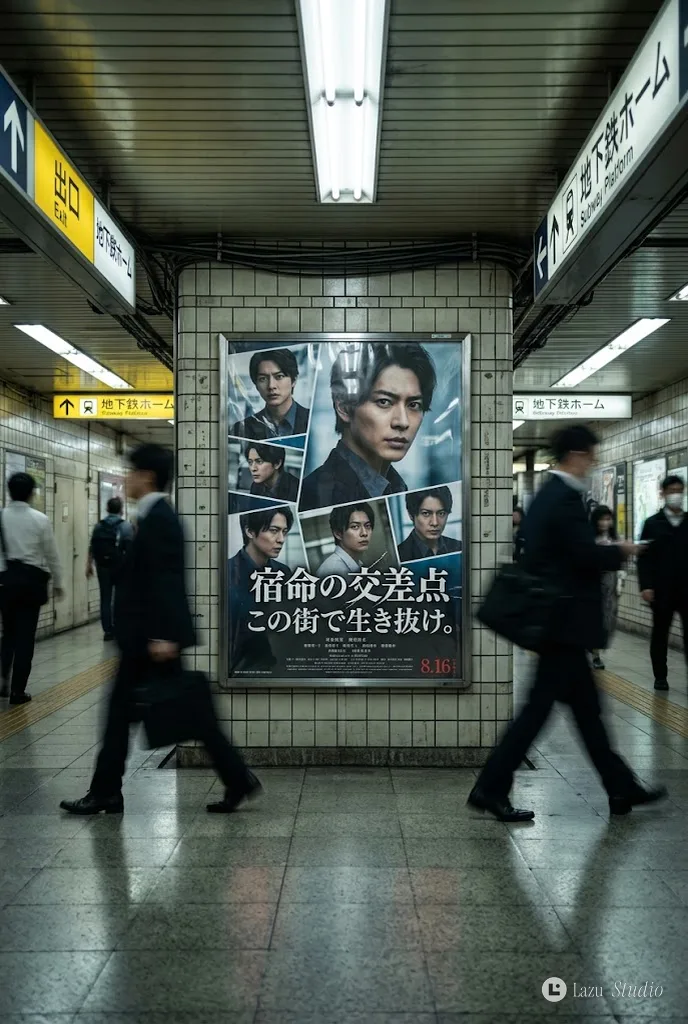 A movie poster on a tiled subway hallway wall with commuters moving past.