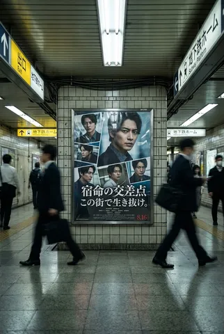 A movie poster on a tiled subway hallway wall with commuters moving past.