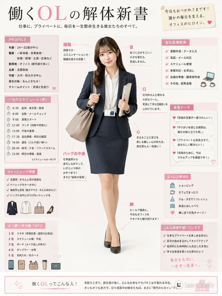 Conceptual illustration breaking down the attire and everyday items of an office lady.
