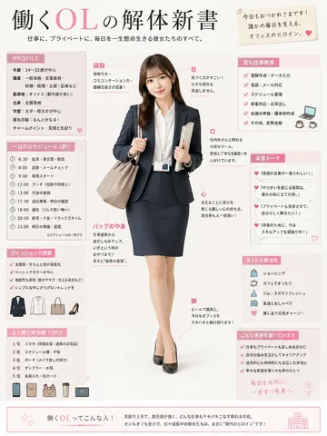 Conceptual illustration breaking down the attire and everyday items of an office lady.