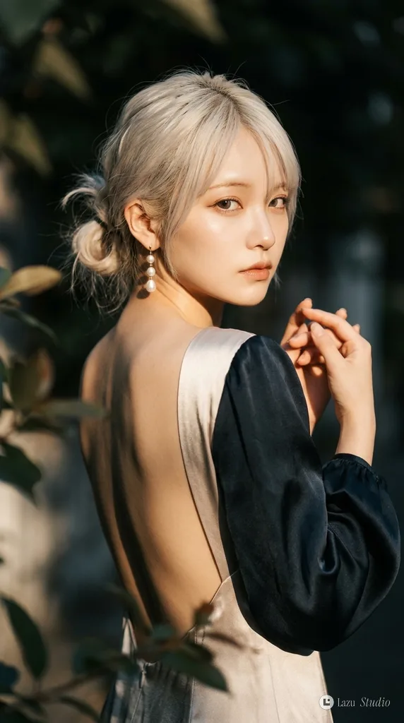 夕暮れの光を浴びながら肩越しにこちらを見つめるお団子ヘアの女性。