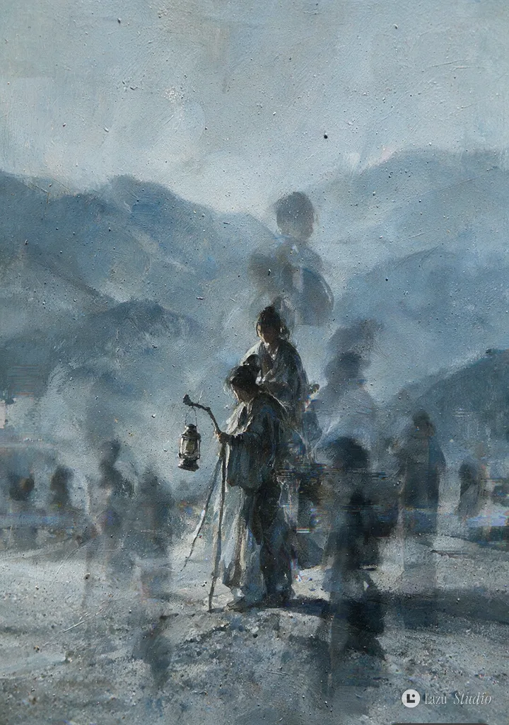 Abstract blue-gray gouache painting depicting two ancient figures blurred with digital glitch lines.