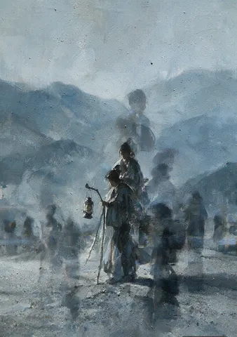 Abstract blue-gray gouache painting depicting two ancient figures blurred with digital glitch lines.