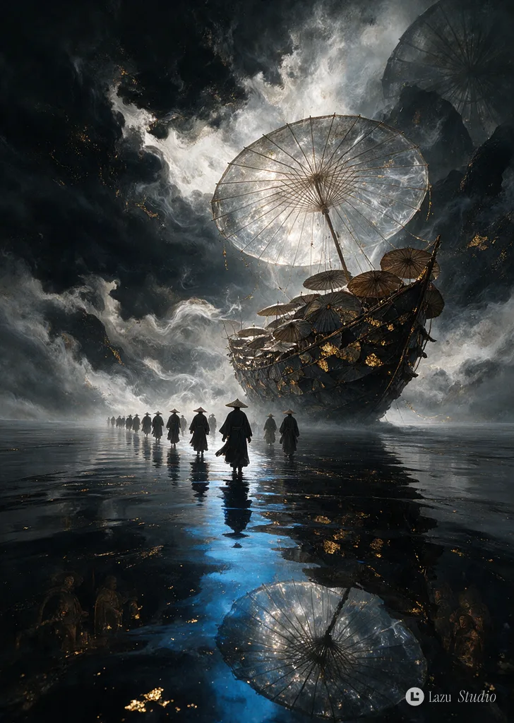 Silhouetted figures walking across a mirrored lake filled with floating umbrellas in ink wash style.