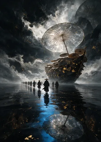 Silhouetted figures walking across a mirrored lake filled with floating umbrellas in ink wash style.