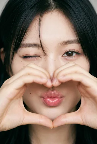 Close-up of a young woman playfully winking through a heart shape created with her hands.