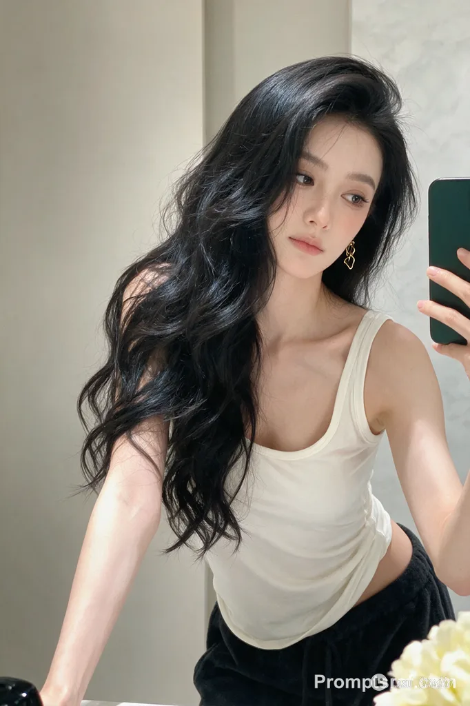 A young woman with long wavy black hair leaning forward while taking a bathroom mirror selfie.