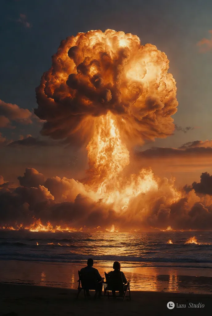 Silhouettes of a couple in beach chairs on the sand looking at a towering nuclear mushroom cloud over the sea.