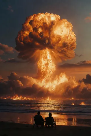 Silhouettes of a couple in beach chairs on the sand looking at a towering nuclear mushroom cloud over the sea.