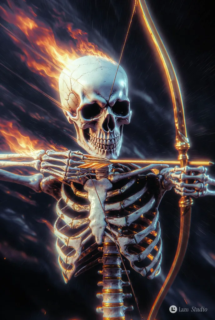 Skeletal archer engulfed in flames amid dark digital glitch effects and mist.
